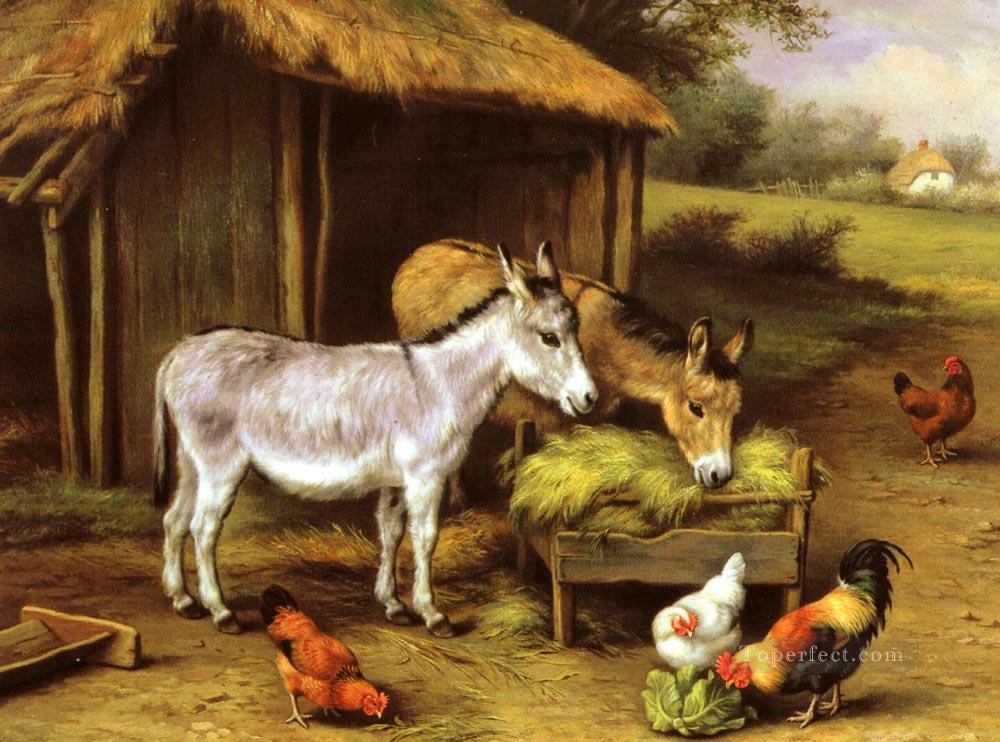 Chickens And Donkeys Feeding Outside A Barn farm animals Edgar Hunt Oil Paintings